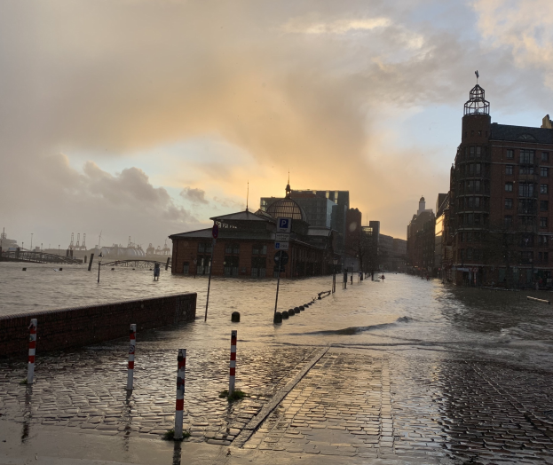 Überschwemmte Straße in Hamburg, Deutschland, mit Wasser auf der Straße, Polen, Schildern, Gebäuden und einer Brücke unter einem bewölkten Himmel.