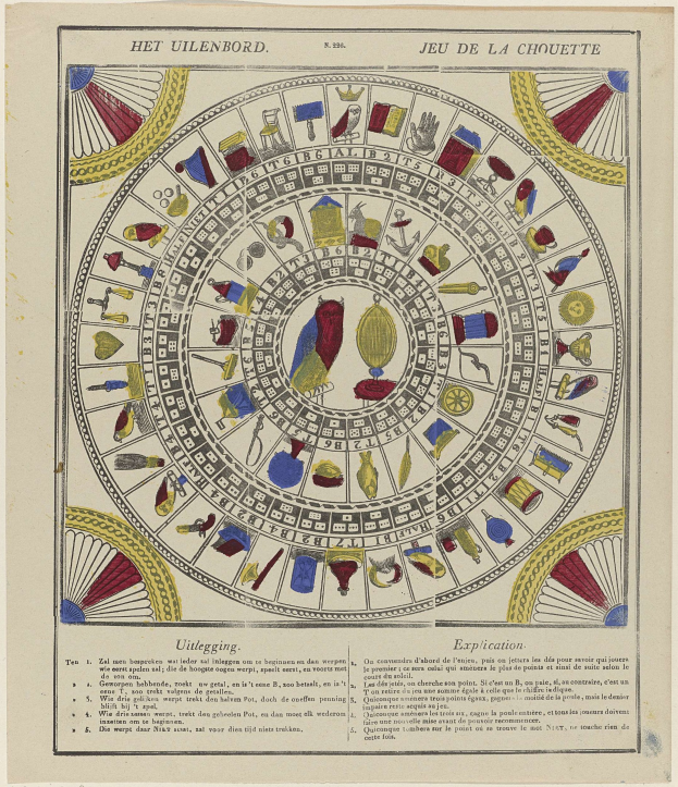 Ein Blatt Papier mit einem dekorativen Glücksrad, das in zwölf zodiac-themed Abschnitte unterteilt ist, umgeben von Text in einer dekorativen Schriftart.