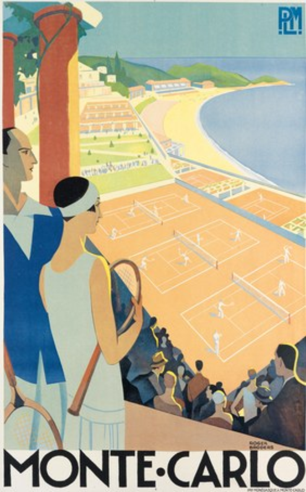 Plakat, das ein Tennisturnier in Monte Carlo ankündigt, mit einem Mann und einer Frau, die Tennisrackets halten, einem Platz, Grünflächen, Gebäuden und Wasser im Hintergrund und dem Text "Monte Carlo" unten.